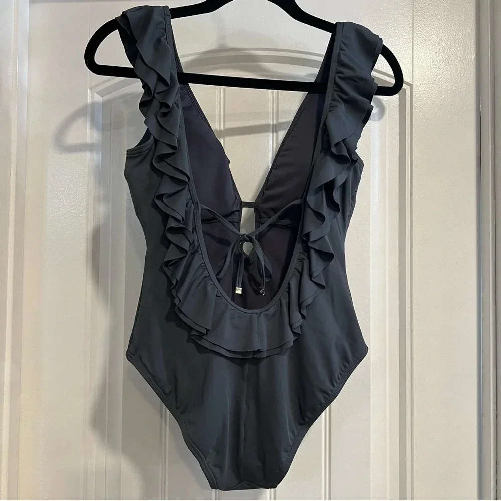 MICHAEL Michael Kors Slate Gray Ruffled Scoop-Back One-Piece Swimsuit. Size 8. - Picture 5 of 16